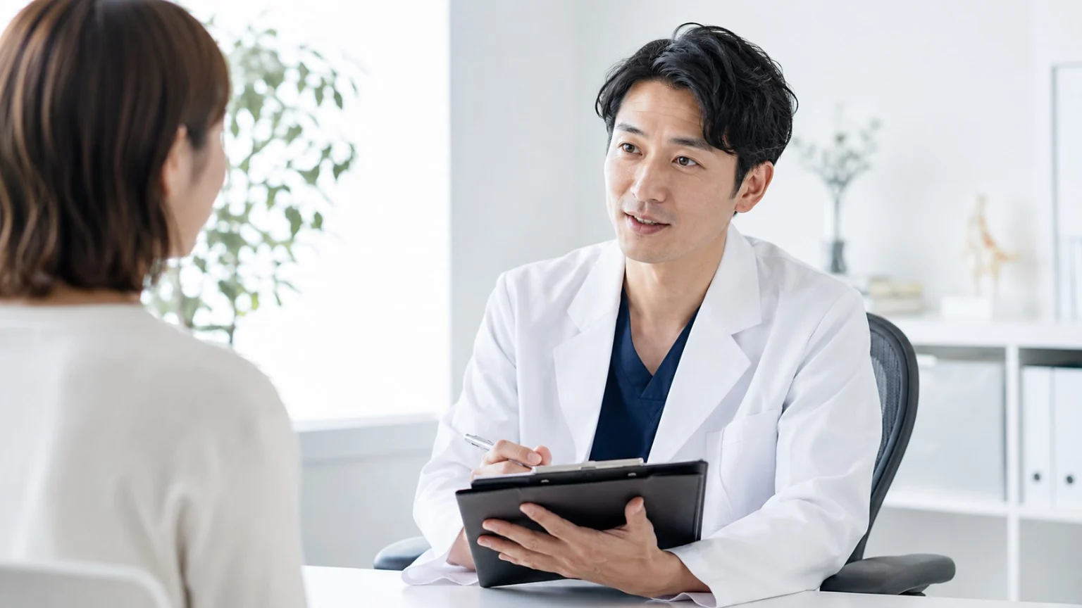 白衣の男性がヒアリングしている様子